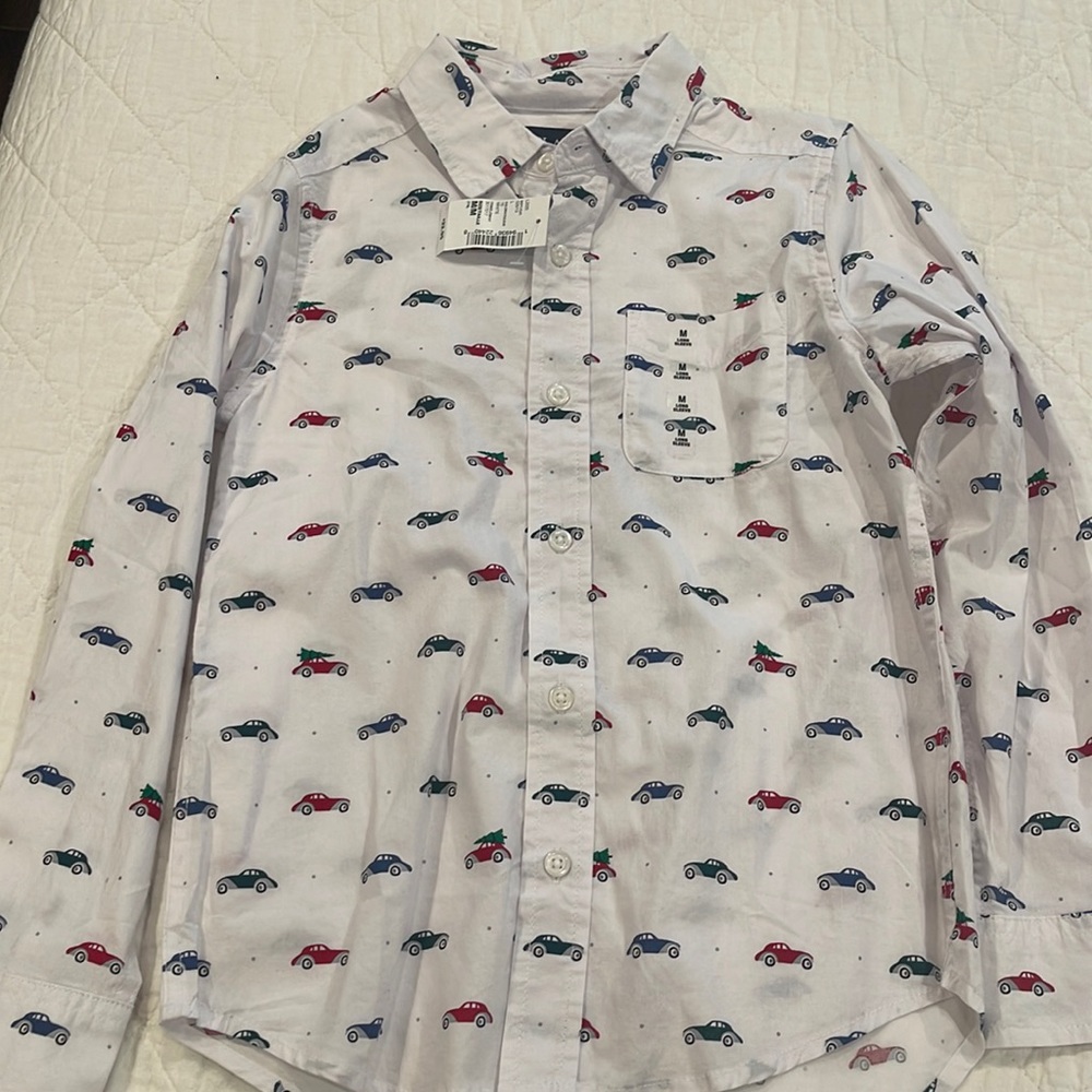 New boys long sleeve button down shirt with car prints. Size M. New with tags.
